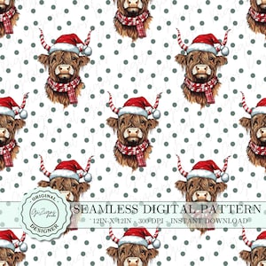 Süßes Weihnachten Highland Kuh Muster PNG, niedliches Land Western Weihnachten Digitales Papier Tapete Scrapbook Stoffmuster Design