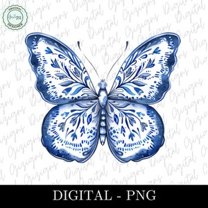 Clipart PNG farfalla floreale blu alla moda, ClipArt di salice blu, fiori di farfalla cineserie blu di Delft, design PNG digitale a sublimazione