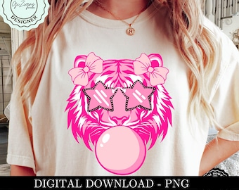 Girly Pink Tiger Blowing Bubble PNG, Coquette Bow Tiger Face PNG, Tiger Head PNG, Cute Star Eyed Tiger Clipart Sublimation Shirt Design png