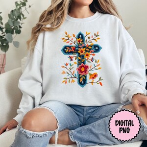 Trendy Floral Cross Faux Embroidery PNG Clipart, Cross PNG, Floral Clip Art, Flowers Clip Art, Sublimination Embroidery Digital Download image 7
