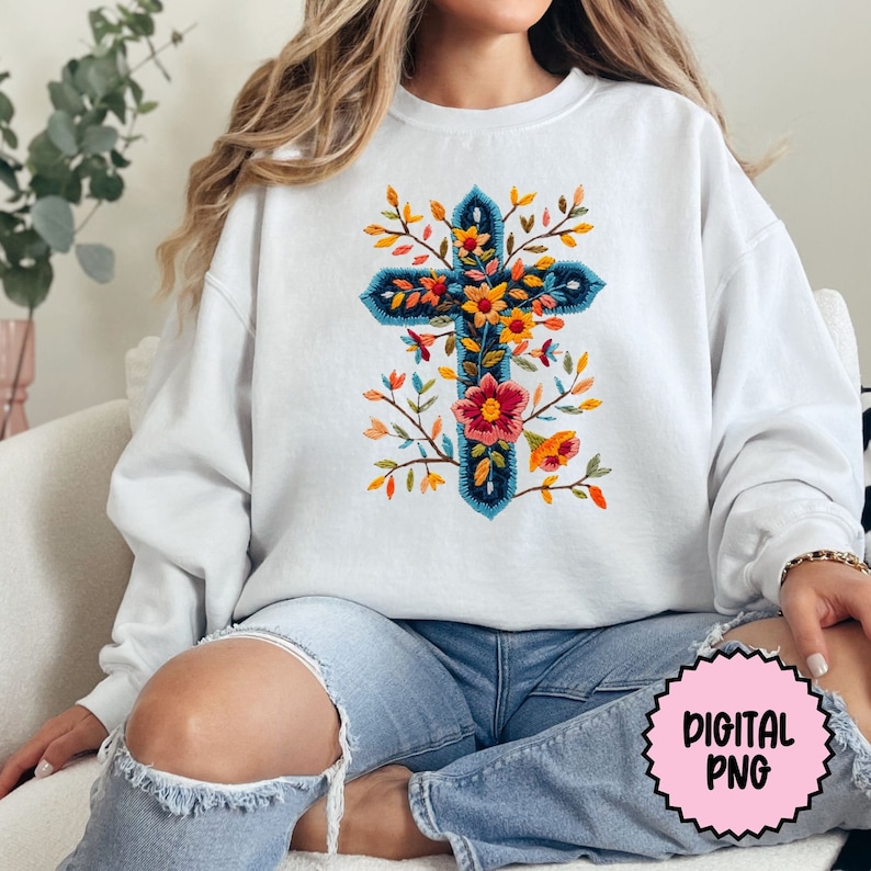 Trendy Floral Cross Faux Embroidery PNG Clipart, Cross PNG, Floral Clip Art, Flowers Clip Art, Sublimination Embroidery Digital Download image 7
