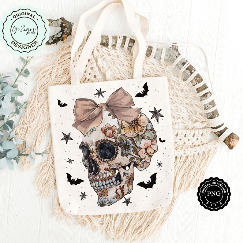 Trendig blommig Boho Halloween PNG Vintage Halloween PNG Dödskalle Clipart, Spooky Season Skelett PNG Gothic Horror Sublimation Design Collage bild 5