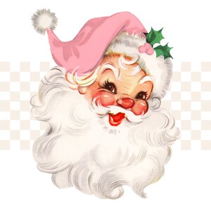 May include: A close-up of Santa Claus's face with a pink hat and white beard. He is smiling and has a holly sprig on his hat.