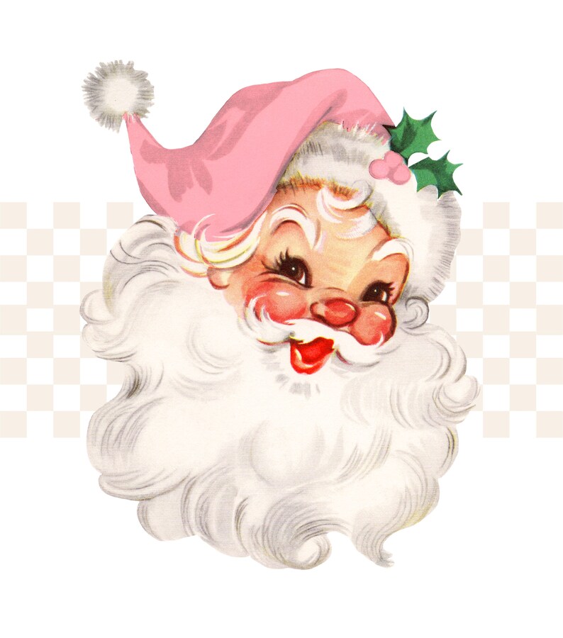 May include: A close-up of Santa Claus's face with a pink hat and white beard. He is smiling and has a holly sprig on his hat.
