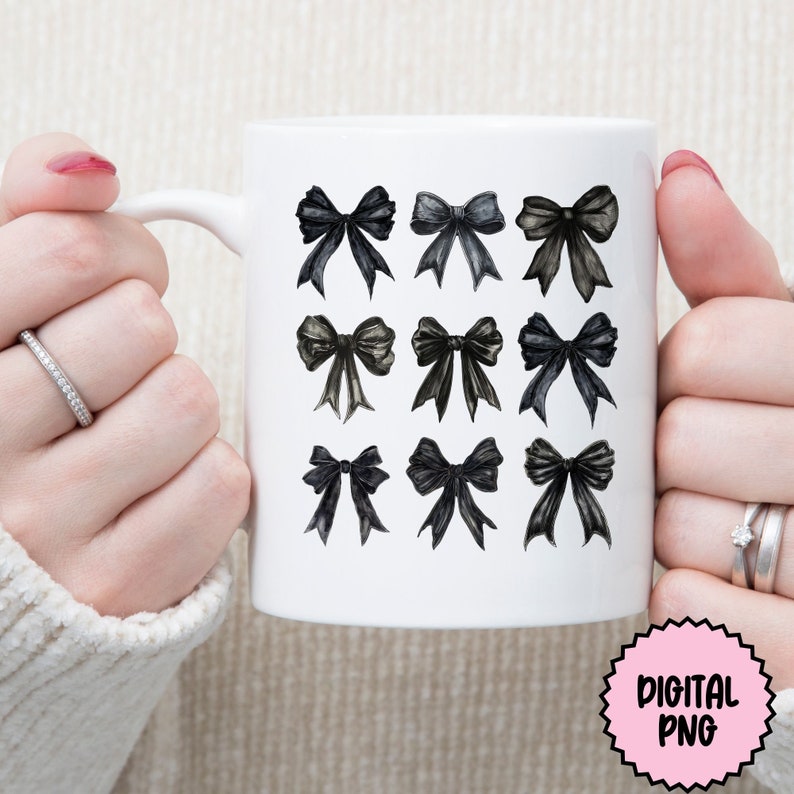 May include: White ceramic mug with a black and gray watercolor bow design. The mug features nine different bow designs, each with a unique shape and style.