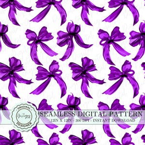 May include: A seamless digital pattern featuring purple bows on a white background. The pattern is 12 inches by 12 inches and 300 DPI. The text "ORIGINAL. GiZigns DESIGNER" is in a circle with a white background and a purple border.