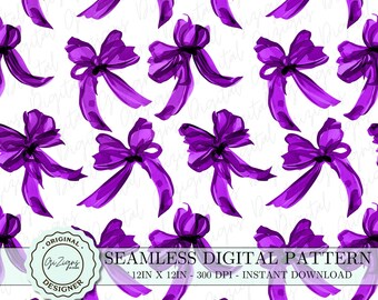 Purple Coquette Bow Seamless Pattern PNG SVG, Purple Bow Digital Paper Wallpaper Scrapbook Paper, Retro Soft Girl Preppy Bows Background