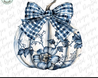 Trendy Blue Floral Pumpkin Coquette PNG Clipart, Watercolor Retro Chinoiserie Halloween Fall Sublimination Digital Design Commercial Use