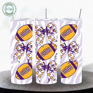 Purple and Orange Football Tumbler Wrap 20 oz Tumbler Wrap PNG, Coquette Bows Tiger Stripes Footballs Game Day Skinny Tumbler Sublimation