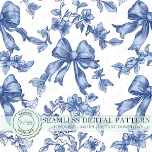 Vintage Blau Toile Coquette Nahtloses Muster PNG, Blauer Chinoiserie Bogen Digitales Papier Tapete Scrapbookpapier, Retro Shabby Chic Design