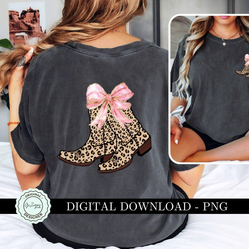 K&ouml;nnte beinhalten: Ein digitaler Download eines Grafikdesigns mit einem Paar brauner Cowboystiefel mit einer rosa Schleife. Die Stiefel haben ein Leopardenmuster.