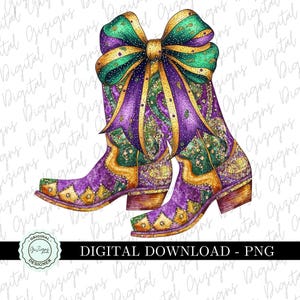 Mardi Gras PNG Glitter Mardi Gras Country Western PNG Clipart, Cowgirl Coquette Bow Cowboy Boots png Gold Glitter Design PNG Louisana Nola