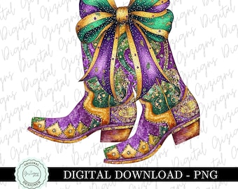 Mardi Gras PNG Glitter Mardi Gras Country Western PNG Clipart, Cowgirl Coquette Bow Cowboy Boots png Gold Glitter  Design PNG Louisana Nola