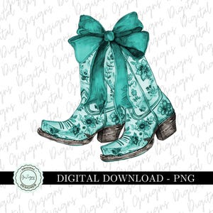 Trendiges türkisfarbenes Küsten-Cowgirl PNG, Kokette Schleife Chinoiserie Florale Cowboy-Stiefel Grandmillenial Design PNG, Sublimation DTF png, Preppy