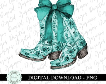 Trendy Turquoise Coastal Cowgirl PNG, Coquette Bow Chinoiserie Floral Cowboy Boots Grandmillenial Design PNG, Sublimation DTF png, Preppy