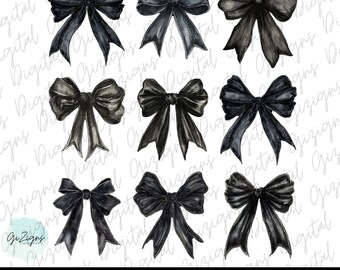 Trendy Black Bow Dark Coquette PNG  Bundle, Black Coquette Bows, Ribbon Feminine Aesthetic Sublimination Instant Digital Download Clipart