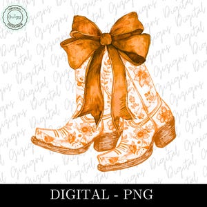 Witte en oranje kustveedrijfster png, coquette oranje chinoiserie laarzen met bloemen strik grandmillenial ontwerp png, sublimatie DTF, preppy png