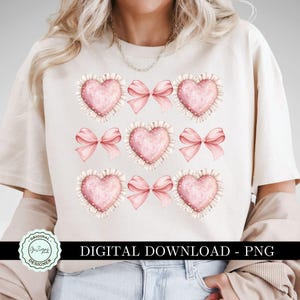 Trendy Valentine Coquette Pink Herz Bogen PNG Clipart, süße rosa Schleife Rüschen Herz Collage weiche Mädchen Ästhetik, Liebe Sublimation Shirt Design
