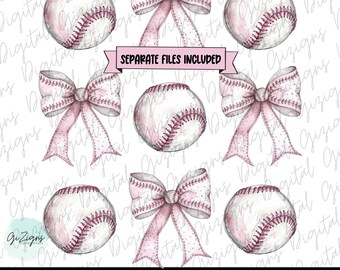 May include: A seamless pattern featuring pink watercolor bows and baseballs. The bows have a white polka dot pattern and the baseballs have red stitching.