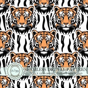 Black and Orange Tiger Seamless Pattern PNG, Tigers Digital Paper Tiger Wallpaper Scrapbook Fabric Pattern Repeating Design Instant Download