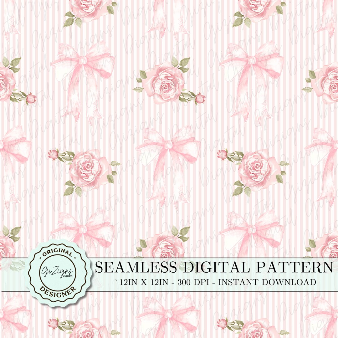 Vintage Floral Pink Stripe Coquette Bow Seamless Pattern PNG, Baby Pink ...