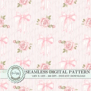 Vintage Floral Pink Stripe Coquette Bow modèle sans couture PNG, rose bébé numérique papier peint papier peint scrapbooking, tissu rétro Shabby Chic