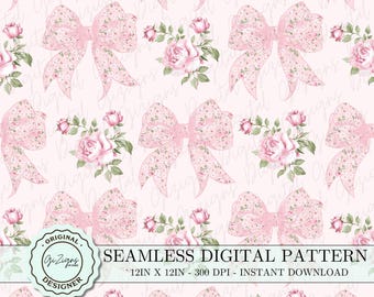Vintage Floral Pink Bow Coquette Seamless Pattern PNG, Pink Girly Digital Paper Wallpaper Scrapbook Paper, Retro Shabby Chic Fabric Pattern