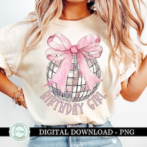 Grafica clipart PNG con palla da discoteca Coquette per ragazza di compleanno alla moda, clip art con fiocco rosa femminile, design estetico per sublimazione di Soft Girl Social Club