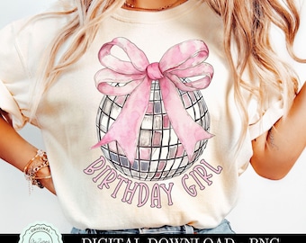 Trendy Birthday Girl Coquette Disco Ball PNG Clipart Graphic, Girly Pink Bow Clip Art, Soft Girl Social Club Aesthetic Sublimation Design