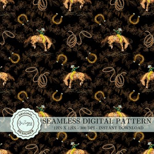 May include: A seamless digital pattern featuring a cowboy riding a bucking bronco, horseshoes, and lasso ropes on a black background with brown floral accents. The pattern is 12 inches by 12 inches and 300 DPI.