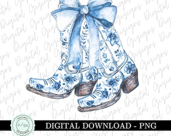 Light Baby Blue Coastal Cowgirl PNG, Coquette Light Blue Chinoiserie Floral Boots Bow Grandmillenial Design PNG, Sublimation DTF png, Preppy