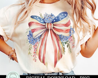 Floral Patriotic Coquette Bow PNG, Country 4th of July Patriotic Bow, Girly Patriotic Bow PNG, Red White Blue Ribbon ClipArt USA Sublimation