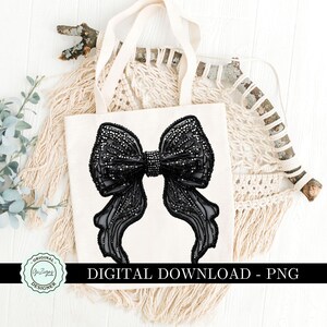 May include: A black bow with a beaded design on a white tote bag. The bag has the text "DIGITAL DOWNLOAD - PNG" printed on it.