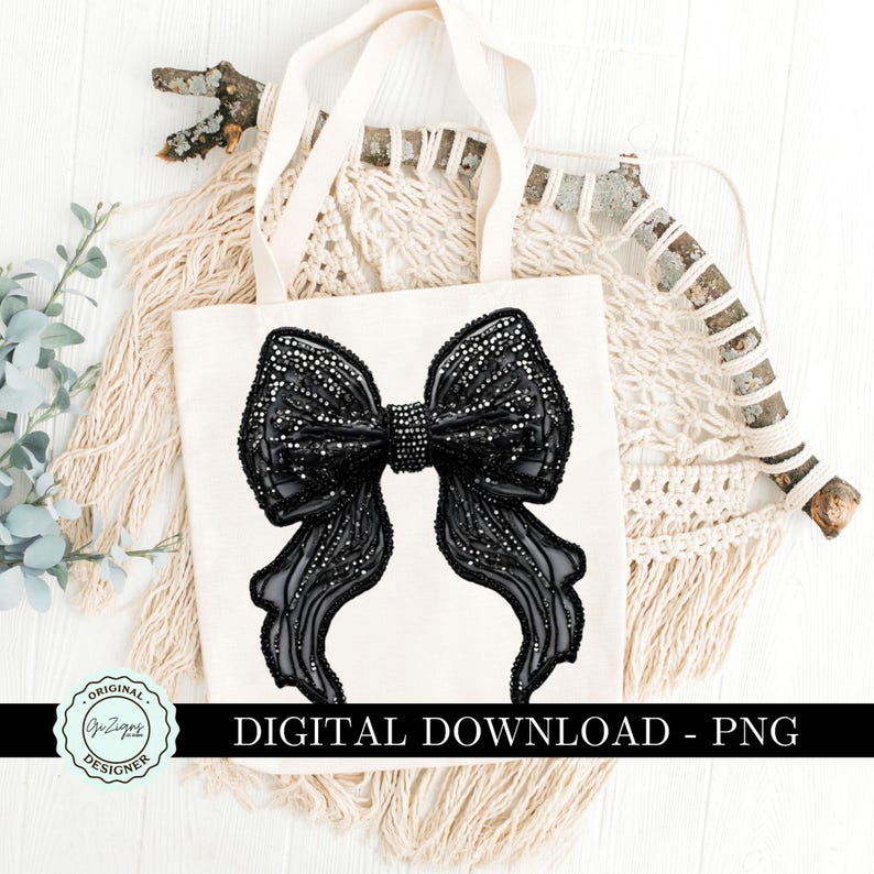 May include: A black bow with a beaded design on a white tote bag. The bag has the text "DIGITAL DOWNLOAD - PNG" printed on it.