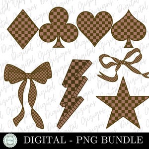 トレンディなブラウンブージーチェックハートpng、スペードpng、クラブpng、チェックダイヤモンドpng、稲妻png、コケットボウpng、チェッカーボードスター