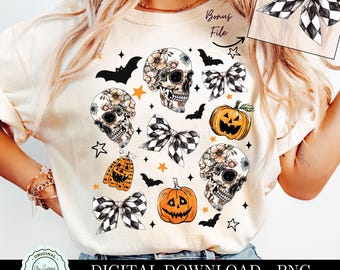 May include: Cream-colored t-shirt featuring a Halloween-themed design. The design includes floral skulls, checkered bows, jack-o'-lanterns, bats, and stars. The words "DIGITAL DOWNLOAD - PNG" are printed at the bottom.