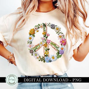 Paix PNG Clipart, fausse broderie Boho fleur png, chemise florale Design Clip Art, art hippie rétro vintage, sublimation png, signe de la paix png