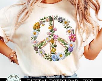 Peace PNG Clipart, Faux Embroidery Boho Flower png, Floral Shirt Design Clip Art, Vintage Retro Hippie Art, Sublimation png, Peace Sign png