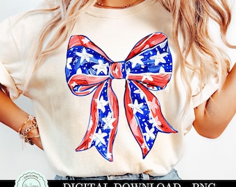 Patriotic Coquette Bow PNG, 4th of July American Flag Girl Bow, Girly Soft Girl PNG, Red White Blue Ribbon ClipArt USA Sublimation Design