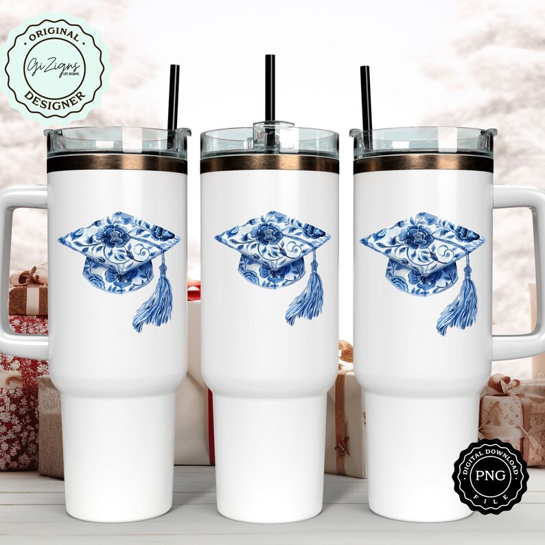 May include: Three white stainless steel tumblers with lids and straws. Each tumbler features a blue and white watercolor graduation cap design.