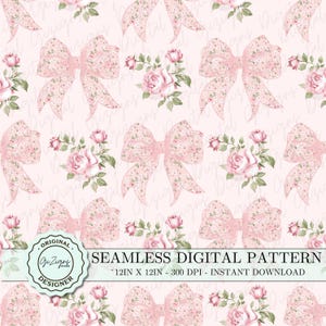 Può includere: Un motivo digitale senza cuciture con fiocchi rosa con un motivo a pois bianchi e rose rosa con foglie verdi su uno sfondo rosa chiaro. Il testo "SEAMLESS DIGITAL PATTERN" è nella parte inferiore dell'immagine. Il testo "12IN X 12IN - 300 DPI - INSTANT DOWNLOAD" è sotto il testo "SEAMLESS DIGITAL PATTERN".