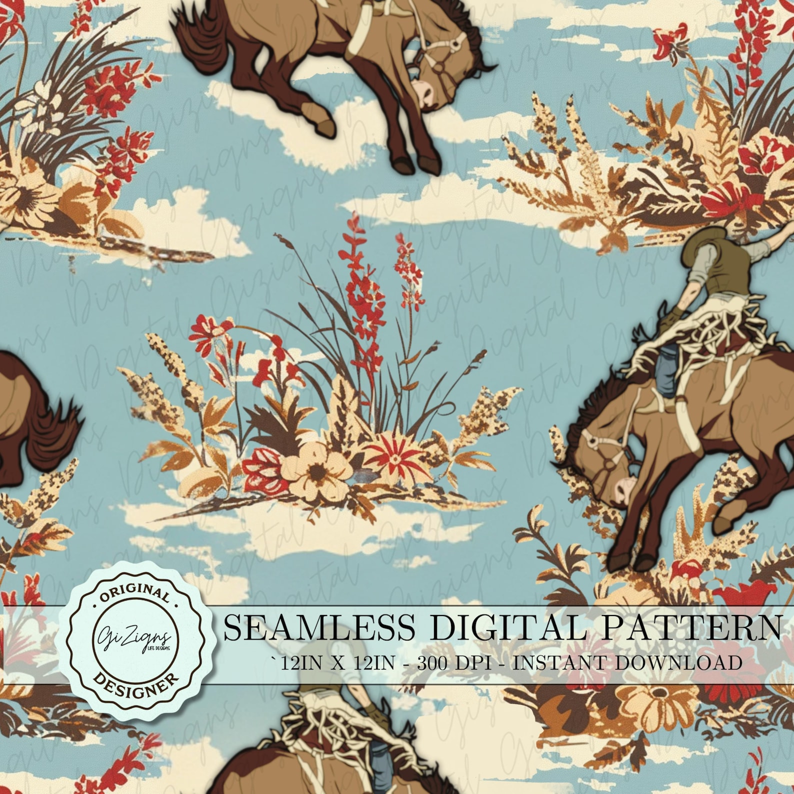 Vintage Blue Country Western Cowboy Pattern Digital Paper Country Wild ...