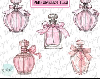 Różowy flakon perfum akwarelowych PNG Clipart Bundle, dziewczęcy clipart kobiecy estetyczny projekt graficzny sublimacji, dozwolone użycie komercyjne