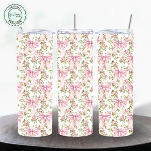 Fancy Coquette Bow Rosa Floral Skinny Tumbler Wrap 20 oz Tumbler Wrap PNG, Vintage Girly Pink Bows Soft Girl Shabby Chic Design Feminino