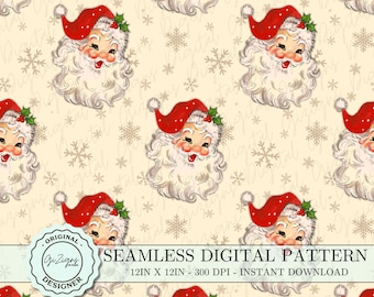 Ecru Vintage Santa Christmas Pattern, Red Santa Claus Seamless Repeating Pattern Printable Paper, Holly Digital Scrapbook Wallpaper PNG File