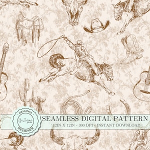 Papel digital com padrão de cowgirl marrom Toile Coastal Country Chinoiserie Western Cowboy para impressão, papel de parede para scrapbook digital Rodeo PNG