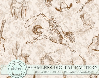 May include: A seamless digital pattern featuring a cowboy riding a horse, a lasso, a guitar, a horseshoe, a skull, a cowboy hat, and cowboy boots. The pattern is in brown and white on a beige background. The text "SEAMLESS DIGITAL PATTERN 12IN X 12IN - 300 DPI - INSTANT DOWNLOAD" is at the bottom of the image.