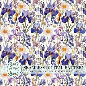 May include: A seamless digital pattern featuring watercolor illustrations of purple irises and white daisies on a white background. The pattern is 12 inches by 12 inches and 300 DPI.