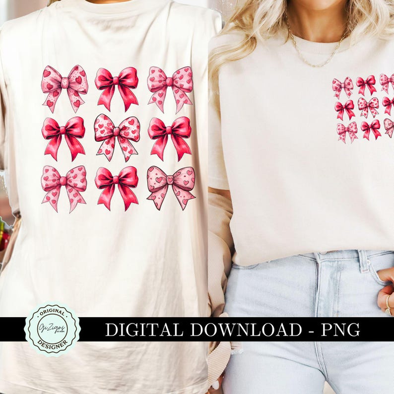 May include: Two white t-shirts with pink bows with hearts printed on them. The t-shirt on the left has nine bows, and the t-shirt on the right has nine bows. The text "DIGITAL DOWNLOAD - PNG" is printed below the t-shirts.
