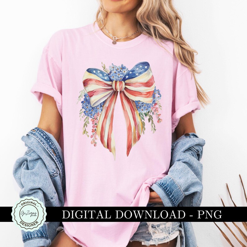 May include: A pink t-shirt with a watercolor design of a red, white, and blue bow with floral accents. The bow is made to look like the American flag. The text "DIGITAL DOWNLOAD - PNG" is at the bottom of the image.
